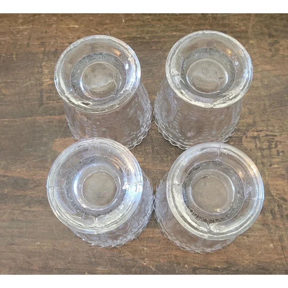 Set of 4 Clear Pressed Glass Votive Holders, EAPG Style Hobnail Scalloped Cups